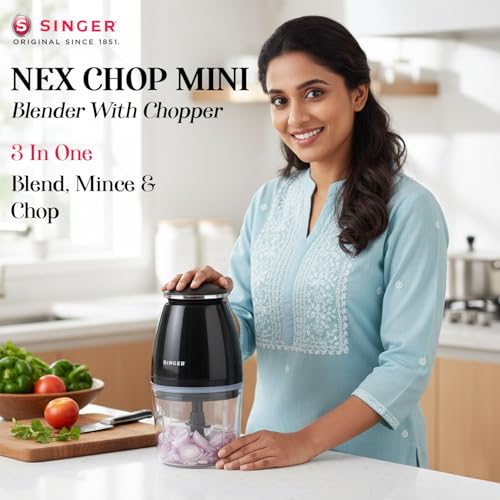 Image of SINGER Nexchop Mini Single Speed Electric Chopper 350W | 700ml Bowl | 4 Stainless Steel Blades | Low Noise | Lightweight | ISI Certified | 2-Year Warranty