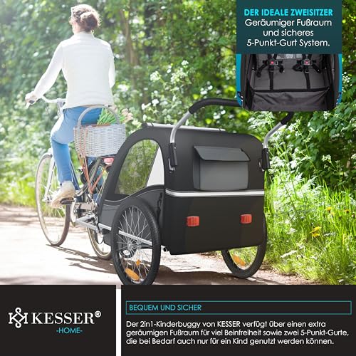 KESSER® Kinderfahrradanhänger Sport-RX 2in1 Jogger & Buggy 5-Punkt-Gurt Sicherheitsgurt 360° Vorderrad Kinderfahrradanhänger Reflektoren für 1-2 Kinder (max. 40 kg) Getränkehalter & Smartphonefach