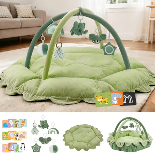 Image of 5-in-1 Baby Activity Gym & Play Mat with 6 Hanging Toys, Tummy Time Mat & Cards - Extra Large, Reversible Machine Washable Pad - Gift for Newborns, Infants 0-12 Months, Green