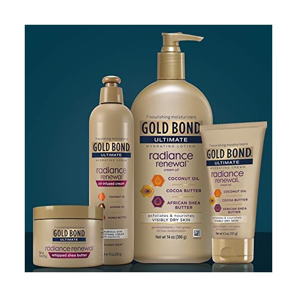 Gold-Bond-Ultimate-1-Count-Radiance-Renewal-COCONUT-OIL-SHEA-BUTTER-COCOA-BUTTER-14-Oz Gold Bond Cocoa Butter Glow Daily Hydrating Lotion with Shea Butter, Cocoa Butter & Coconut Oil, Exfoliating Moisturizer for Dry Skin, 14 oz.