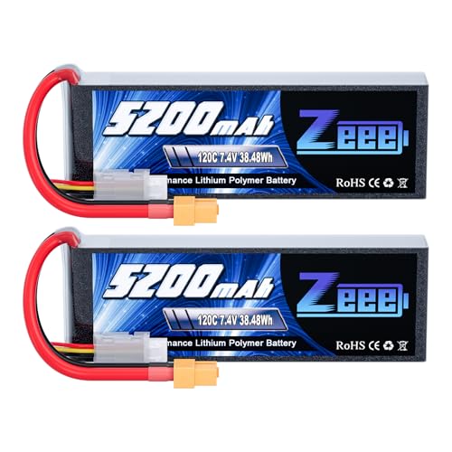 Zeee 2S LiPo 5200mAh 7,4V 120C Softpack Batterie avec connecteur XT60 pour 1/8 et 1/10 RC véhicules Voiture, Slash, Buggy, truggy, Avion, Drone (2 pièces)