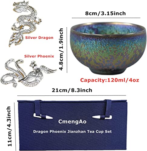 Cmengao Jianzhan Tenmokus Tea Cups Set, 3D Silver Lotus Kungfu Tea Cups, Handmade Dragon Phoenix Ceramic Tea Cups Set Beautiful Porcelain Fish Tea Cup (Peacock Jianzhan Set Of 2) #TOP5