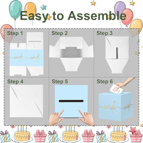 Image of 2 Pack Light Blue Card Box with Gold Foil Design, Paperboard 8.7 inch Card Box for Birthday Wedding Party Graduation Retirement Anniversary Valentine's Day & Baby Showers, Raffle or Money Box