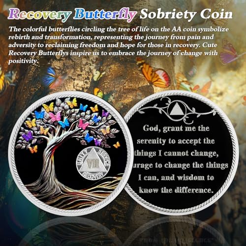 delicate 7 year sobriety coin - recovery butterfly tree of life aa coins - seven year na ha aa chips and medallions - 1-62 years living clean narcotics alcoholics anonymous gifts for men women