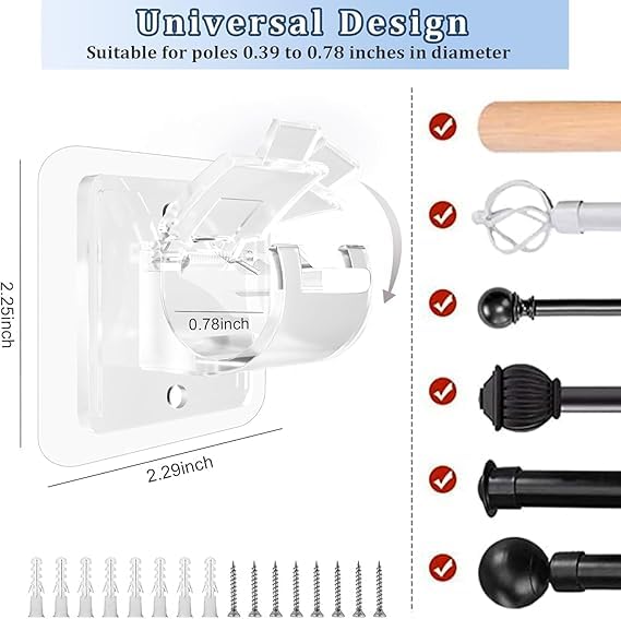 Image of Crockett No Drill Curtain Rod Brackets No Drilling Self Adhesive Curtain Rod Holder Hooks Nail Free Wall Hooks Curtain Hangers for Bathroom Shower, Window,Kitchen Home and Hotel (8 pcs Transparent)