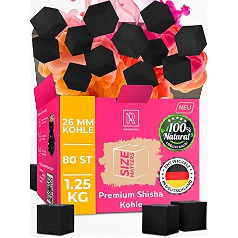 Shisha Kohle 1,25 KG 80 Würfel 26mm - 100% Organic Bio Naturkohle |ohne chemische Zusätze| Für Shisha & BBQ - Mit Kohle Grill und Shisha Zubehör wie HMD Smokebox & Kaminaufsatz Shishakohle Coal Cover