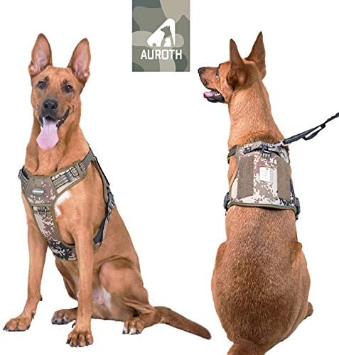 Auroth Tactical Anti Pull Dog Harness Adjustable Breathable Pet Vest Harness for Medium Large Dog Reflective Dog Harness Military Materials Size L, Desert Camo