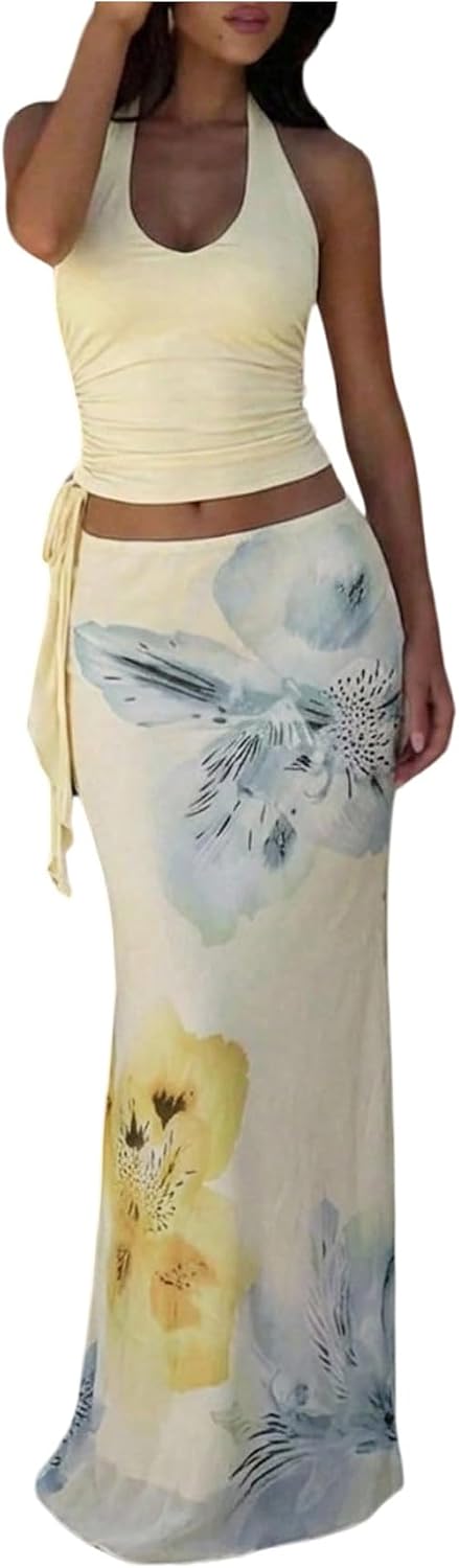 MakeMeChic Women's Beach Vacation Outfits Summer 2 Piece Set Halter Crop Top Floral Long Skirt Set