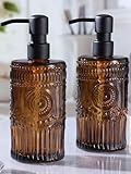 Simeitol 17 OZ Amber Glass Soap Dispenser with Black Stainless Steel Pump, Sunflower Embossed Glass Soap and Lotion Dispenser Set, Liquid Hand Soap Dispenser for Kitchen & Bathroom (2 Pack)