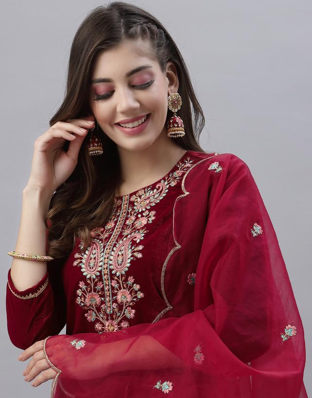 Image of SIRIL Women's Velvet Embroidery Straight Kurta Pant with Dupatta