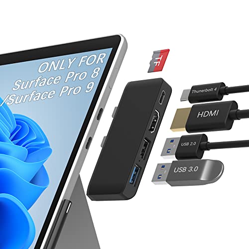 Hub Surface Pro 8 avec 4K HDMI, USB-C Thunderbolt 4 (Affichage + Données + Charge PD), USB 3.0 + 2.0, Lecteur de Carte TF, 5-en-2 Adaptateur Microsoft Surface Pro 8 Accessoires, Noir