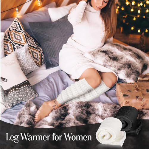 ecdiykit Women\'s Leg Warmers, 2 Pack Leg Warmers 80s, Retro Fashion Knit Leg Warmers for Girls Dance Sports Yoga, Running, Hiking, Black, White