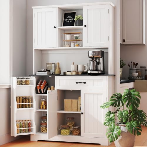 Image of Gizoon Kitchen Pantry Cabinet with Microwave Shelf Tall Coffee Bar Cabinet with Doors and Shelves Farmhouse Kitchen Hutch with Storage for Dining Room and Craft Room, Painted White and Black
