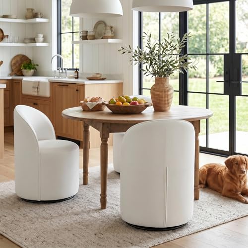Image of HNY Upholstered Swivel Dining Chairs Set of 3, Mid Century Modern Kitchen Round Velvet Dining Room Chairs, Barrel Comfy Armless Accent Makeup Vanity Side Chairs for Living Room, White