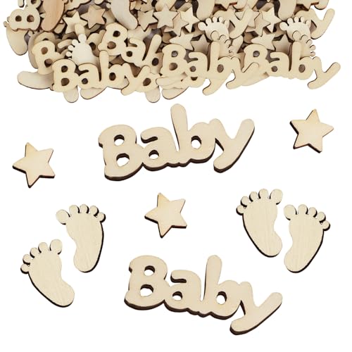 70 Coriandoli In Legno Per Baby Shower, A Forma Di Foglia Di Eucalipto Con Scritte, Decorazioni Da Tavolo Neutre Per Bambini O Bambine - 4