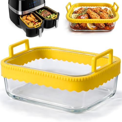 Fuente para horno de cristal, 1,4 l, con tapa, asas de silicona y anillo de silicona extraíble, para freidora de aire caliente, accesorios para airfryer, resistente al calor, resistente a los arañazos