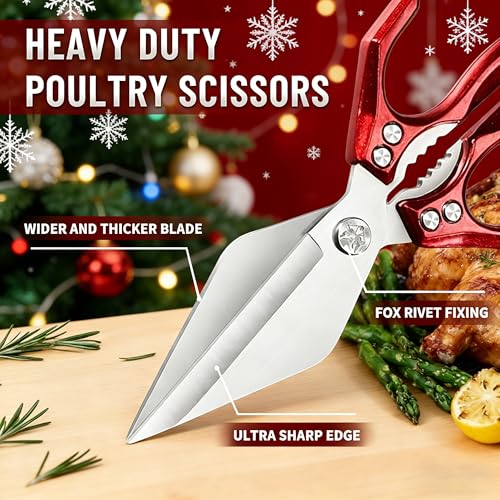Multifunctional Heavy Duty Poultry Shears, Japanese High-Carbon Steel Kitchen Shears, Kitchen Scissors for Food,Stainless Steel Meat Scissors for Cutting Chicken, Turkey, Meat and Food Prep (Red) — view 2