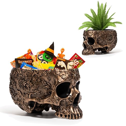 GUTE Skull Bowl & Plant Planter Pot 6' Deep Polyresin Skulls Pot for Succulents, Indoor Plants & Flowers - Bowl & Serving Bowl, Modern, Skeleton Home Décor Bronze