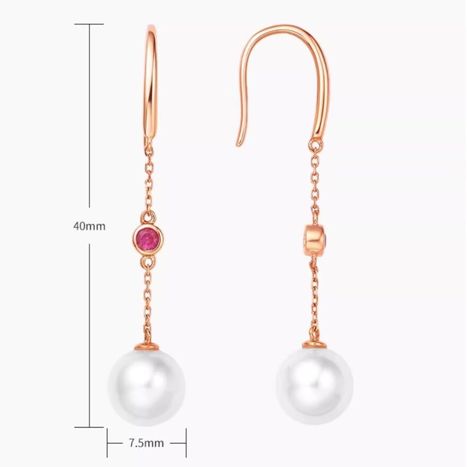 Ohrhänger Rosegold, Damenohrringe mit Anhänger aus Rubin und Perle, 7,5–8 mm