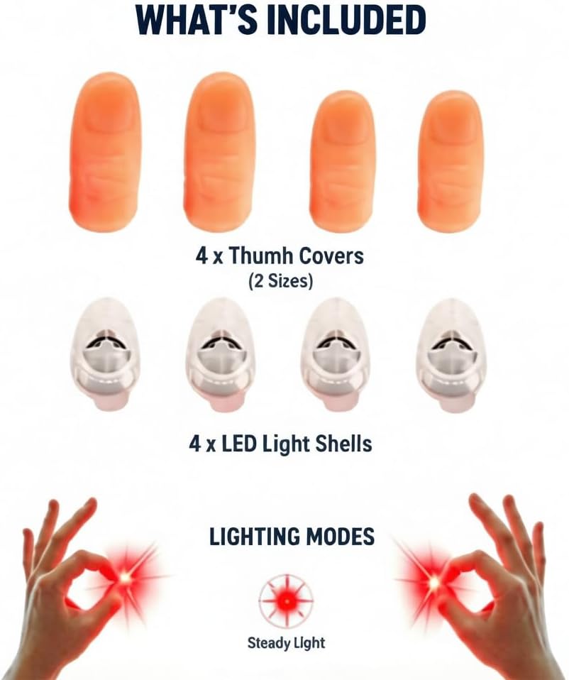 sumrica Magic LED Finger Lights, Tricks for Magicians, Thumbs Light, Finger Prank Toy, Magic Lamp up Finger, Fake Finger, Magic Trick, Party Supplies (RED, Junior x1Packs/2PCS & Adult x 1Packs/2PCS) image 2