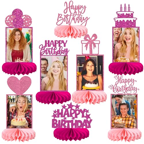 8 PCS Happy Birthday Honeycomb Table Centerpieces Glitter Happy Birthday Photo Table Toppers Birthday Party Decorations for Celebrating Anniversary Theme Party Centerpieces Supplies Pink Rose Red