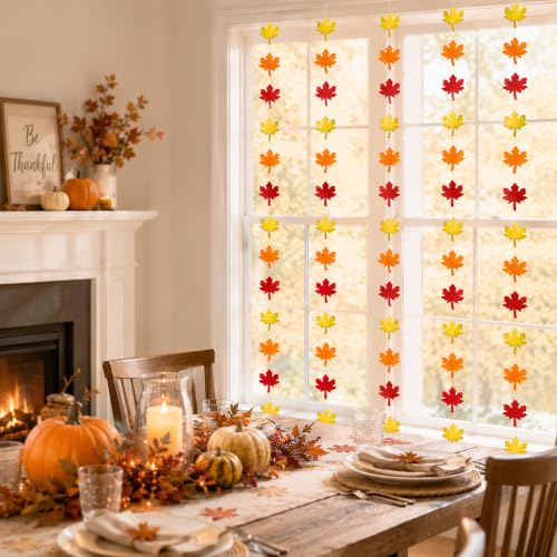 Image of Fall Decor - Maple Leaves Fall Garland for Thanksgiving Decorations | Red Orange Yellow Fall Leaves Hanging Banner - Thanksgiving Party Favors for Door Wall Home Doorway Backdrop Supplies Decor