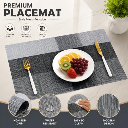 Image of OXSAM Placemats, Heat Insulation Non-Slip Vinyl mats, Stain-Resistant Tablemats for Home and cafe Dining Table Decor (Black & Gray, Pack of 8)