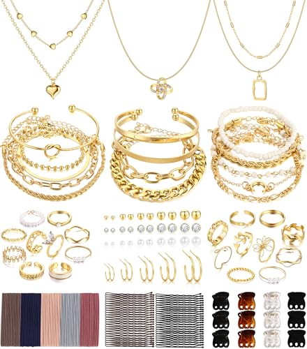 Image of FAXHION 68 Pcs Gold Jewelry Set for Women with 7 Necklace, 17 Bracelet, 5 Hoop Earrings, 15 Stud Earrings, 24 Knuckle Rings for Women Jewelry Set for Women Gift