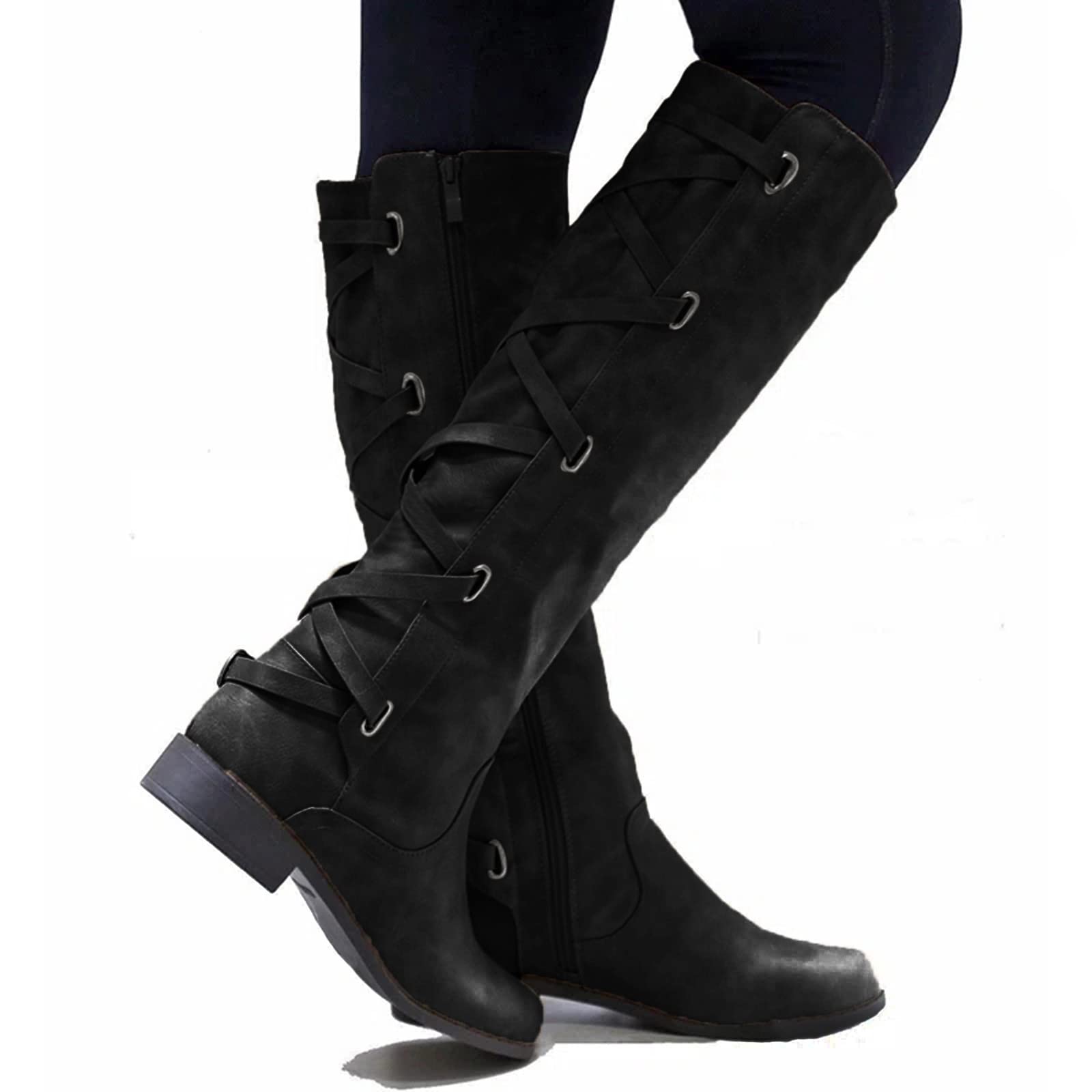 FGUUTYM Stivali da donna neri a gambo lungo, stile retrò, da donna, in pelle, piatti, con chiusura lampo laterale