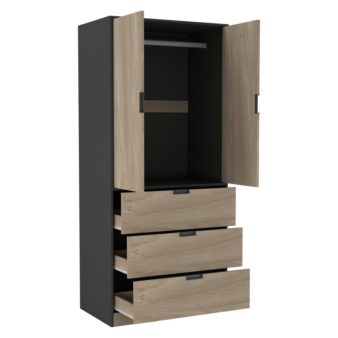 URBNLIVING Modern 2 Door Wardrobe with 3 Drawers & Hanging Rail, Stylish Freestanding Storage, Spacious Interior, Durable Chipboard Build, Easy to Assemble Bedroom Furniture