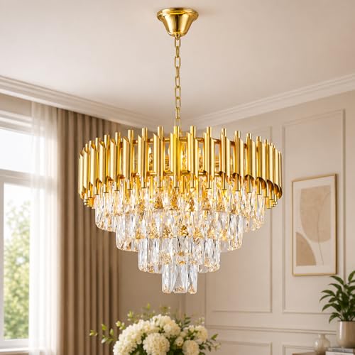 Image of One94Store Gold Mamba Crystal Chandelier Ceiling Light 500MM, Tricolour LED (Warm, Cool, Natural), Gold Premium Jhumar for Living Room, Dining, Luxury Interiors