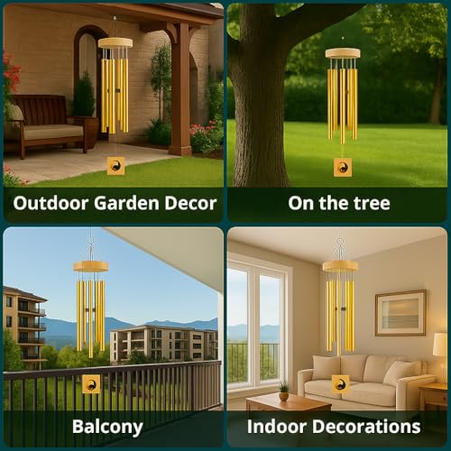 Image of 6 Pipe Wind Chimes for Home & Balcony - 28 Inch Aluminum Chime with Pleasant Soothing Tones | Positive Energy & Good Luck Outdoor Garden Decor | Housewarming Gift for Home & Patio (Gold)