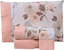 Jogo de Lençol Floral, 4 Peças, Percal 180 Fios, Estampado com Ponto Palito, Algodão/Poliéster, Casal, Queen ou King (Salmão, Casal Padrão)