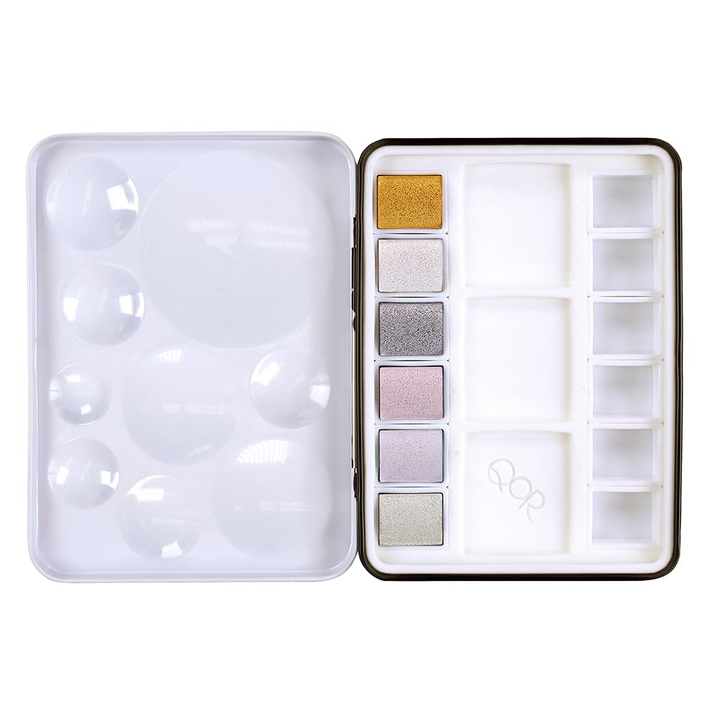QoR Reflektierendes Halbschalen-Set von Gold, 6 halbe Wasserfarben, professionelles Aquarellfarben-Set