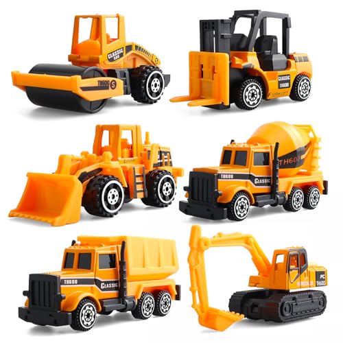 victob 6 Pack Diecast Construction Vehicles Toys - Mini Digger Cake Toppers - Bulldozer Dump Truck Small Toy Car Set for Kids Children Boys Girls - Gifts for 3 4 5 6 7 Year Olds