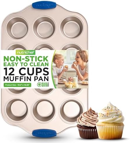 Nutrichef 12 Cup Muffin Pan, Durable and Nonstick Carbon Steel Bake Pan with Silicone Handles, Kitchen Essential Cupcake Pan, Stain Resistant, Easy Clean, PFOA, PFOS, PTFE Free, 16.22'' x 10.43'' - Thumbnail 3