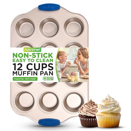 Image of Nutrichef 12 Cup Muffin Pan, Durable and Nonstick Carbon Steel Bake Pan with Silicone Handles, Kitchen Essential Cupcake Pan, Stain Resistant, Easy Clean, PFOA, PFOS, PTFE Free, 16.22'' x 10.43''
