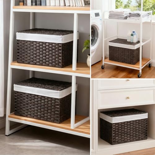 Handwoven Wicker Storage Basket with 2 Lids & Liners, Large Shelf Basket for Clothes, Toys, Blankets, Foldable Storage Bin for Living Room & Bedroom Organization, 105L Dark Brown Plastic Rattan by Kultilanda - Image 7