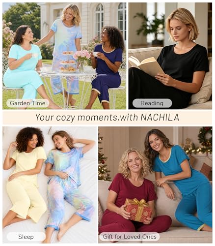 Image of NACHILA Pajamas for Women-Viscose Made from Bamboo,Satin Crew Neck Pajama Sets Short Sleeve Pjs with Capri Pants