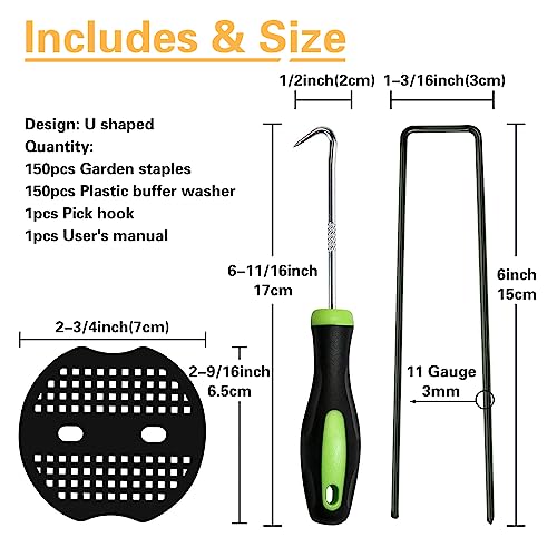 image for Bakulyor 150pcs Black Landscape Staples + 150pcs Buffer Washer, 6 Inch