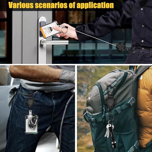 Image of Heavy Duty Retractable Keychain (1-Pack) | Carbon Fiber Badge Holder with 80cm Steel Wire Cord | Tactical Carabiner Clip for ID Cards & Bike Keys (Black)