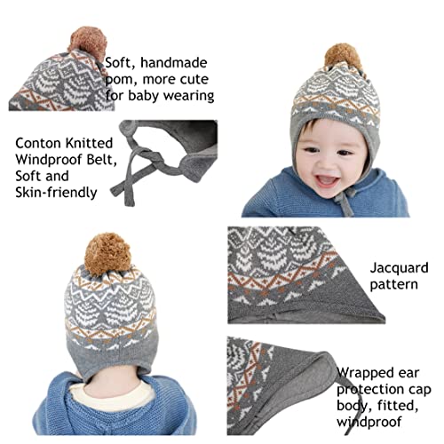 LLmoway Baby Toddler Beanie Knit Earflap Hat Soft Cotton Winter Cap with Pom3