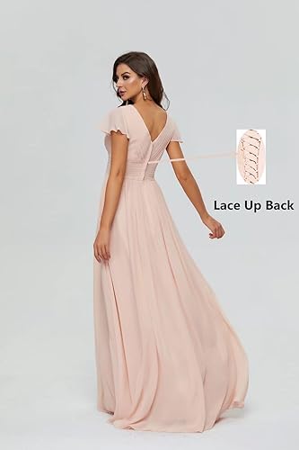 Miniatura 6 de SoDigne Vestidos de dama de honor de gasa con mangas con volantes, cuello en V, acampanado, fruncido, largo, formal, vestidos de fiesta de noche