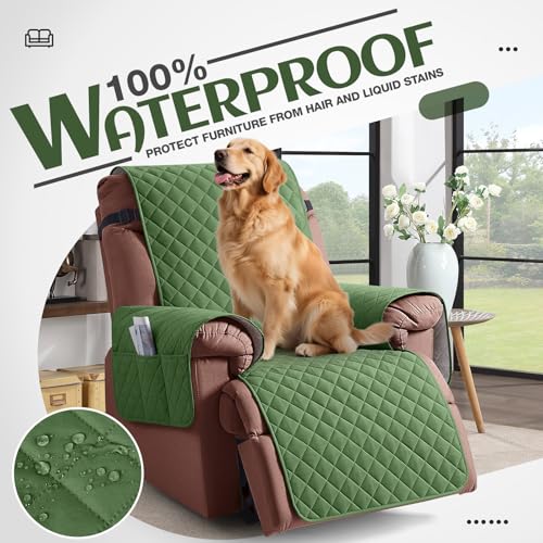 Image of KinCam 100% Waterproof Recliner Chair Cover, Reclining Couch Covers for Pets, Dogs, Recliner Couch Slipcover Furniture Protector with Elastic Straps for Kids(23.6 inch, Vine Green)
