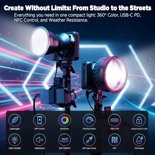 Image of Amaran Ray 120c RGB LED Monolight, 120W Full-Color COB Video Light with Octa Dome 30 Softbox, USB-C PD Power, IP54 Weatherproof, OmniColor Engine, 2,300K-10,000K, App /NFC Control, Bowens Mount