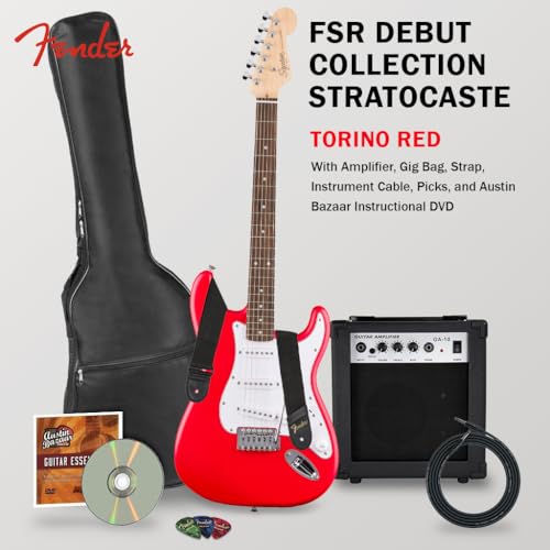 fender squier stratocaster - torino red bundle with amplifier gig bag strap instrument cable picks and austin bazaar instructional dvd