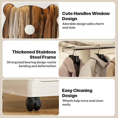 Image of StarAndDaisy Kids Bear Wardrobe /Multifunctional Collapsible Plastic Wardrobe /Almirah for Baby /Kids- Storage Cabinet - Dustproof Organizer for Baby Clothes, Toys & Books with Wheels & Hangers- Beige