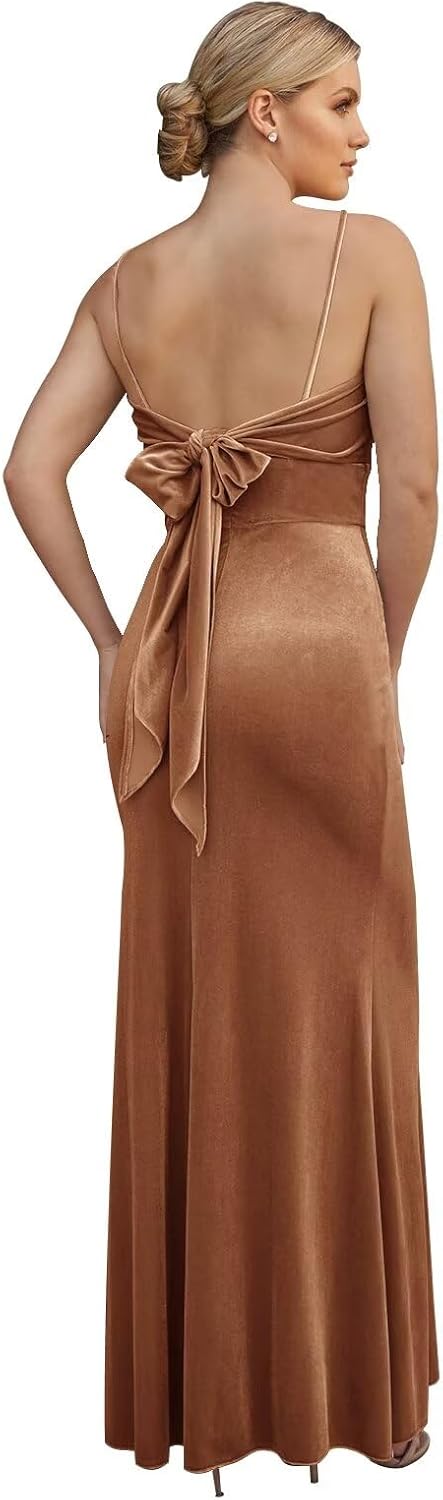 Bedlover Velvet Bridesmaid Dresses Back Self Tie Bow for Women Long Formal Party Gowns with Slit