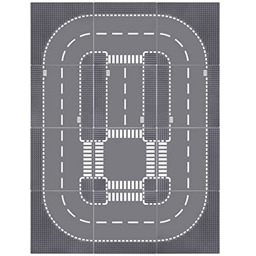 Lekebaby 12 Pack HO Scale 10x10 Grey Road Base Plates, 4 Curve / 4 T Junction / 3 Straight / 1 Junction, Compatible with Major Brands