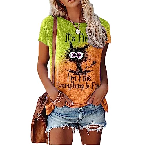 It's Fine I'm Fine Everything Is Fine Funny Cat Printed T-Shirt, Street Cute T-Shirt, Comfortable Casual Fashion Ladies Short Sleeve (S-3XL)-5||XS